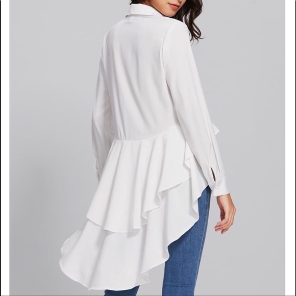 White High Low Ruffles Hem Button Down Blouse - Picture 4 of 6